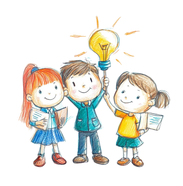Three happy children holding a glowing lightbulb together, symbolizing creativity, teamwork, and bright ideas.